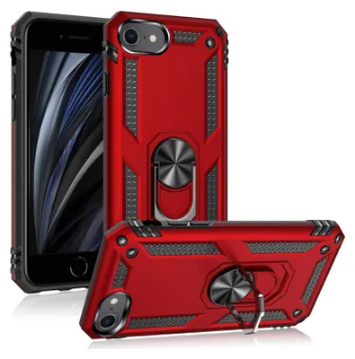 A red phone case with a ring holder is displayed against a white background, with a phone partially visible inside one case.