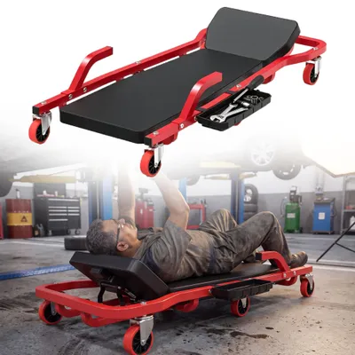 Produktbild von ROSEJANE Werkstatt Rollbrett mit Armlehnen und Werkzeugablage, 150 kg Tragkraft, 6 Lenkrollen, verstellbare Kopfstütze, gepolsterte Werkstattliege für Auto Reparatur und Wartung