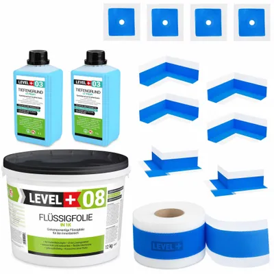 Zdjęcie produktu dla Zestaw do Hydroizolacji Folia w Płynie 12kg Taśma uszczelniająca 20mb Środek Gruntujący Łazienka Prysznic Level+ SET321