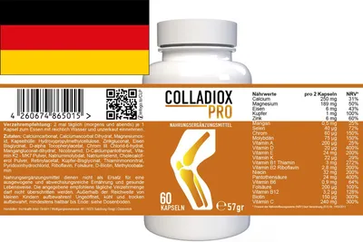 A product bottle with a label showing nutritional information and a diagram of a knee joint, alongside the German flag.
