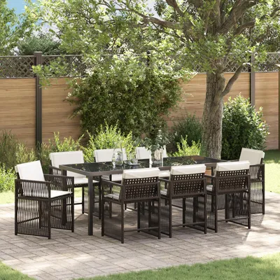 Produktbild von 9-teiliges Garten Essbereich mit Kissen Braun Poly Rattan, Design Gartenstühle Neu
