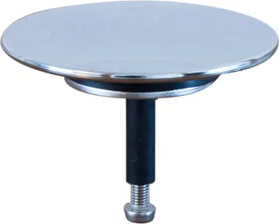 A chrome-plated drain stopper with a black rubber seal and a threaded metal stem.