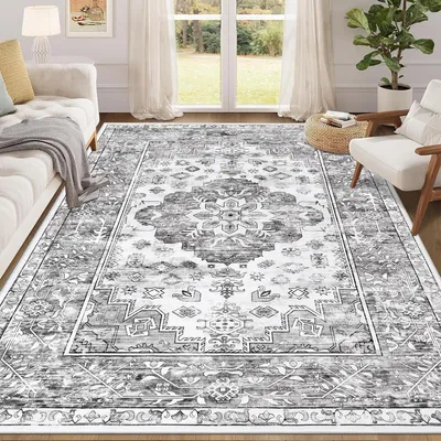Zdjęcie produktu dla Duży dywan 160 x 230 cm, styl boho, vintage, kolor szary, antypoślizgowy, możliwość prania, krótki włos, do salonu, sypialni, kuchni, jadalni