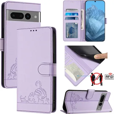 Produktbild von Leder Hülle für Google Pixel 7 Pro Süße Katze Flip Case Brieftasche Schutzhülle mit Standfunktion Lila