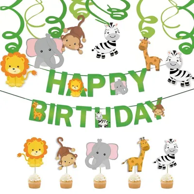 Immagine prodotto di Set di decorazioni a tema animali della giungla, composto da 31 pezzi, ideale per feste di compleanno, con serpentini e ghirlande