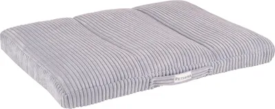 A gray, corduroy pet bed is shown from a diagonal angle against a white background.
