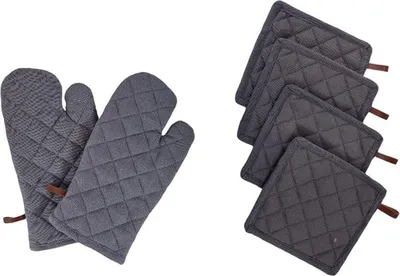 Produktbild von Küchenset Picnic "Richmond Graphite" - 2 Ofenhandschuhe + 4 Topflappen - 100% Baumwolle - Grau - 6 Stück