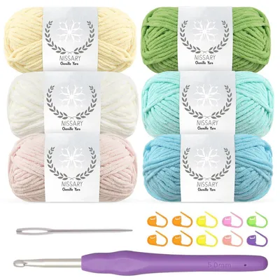 Immagine prodotto di Filato chenille per uncinetto, set da 6 gomitoli da 50g ciascuno, con uncinetto da 5 mm, in colori pastello