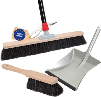 Produktbild von Novaliv Saalbesen 40 cm mit Stiel Borsten Rosshaarbesen inkl. Kehrgarnitur verzinkt mit Gummilippe bestehend aus Kehrblech und Handfeger besen fein Ideal als Werkstattbesen Industriebesen mit Stiel