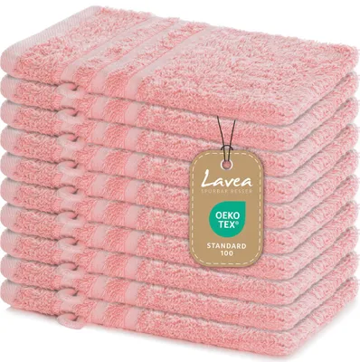 Produktbild von Lavea® 10er Set Waschhandschuh 15x21 cm – Saugstark Weich aus 100% Baumwolle, Frottierserie Elena – Waschbar und Strapazierfähig – Pastellrosa