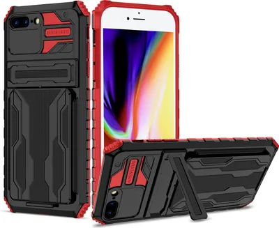 Produktbild von iPhone 8 Plus Hülle, Hybrid Robust Schutz Stoßfest Schutzhülle mit Kartenhalter Ständer für iPhone 7 Plus / 8 Plus Rot