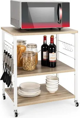Produktbild von Rollwagen mit verstellbaren Regalen, Aufbewahrungswagen mit 3 Ebenen, 10 abnehmbare Haken, Servierwagen mit Metallrahmen, 60 x 40 x 78 cm (Beige)