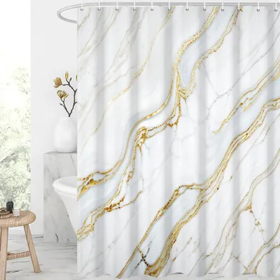 Imagen del producto de Cortina de ducha impermeable, 180x180 cm, diseño mármol dorado y blanco, para baño