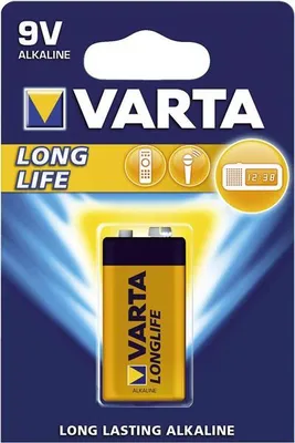 A VARTA 9V alkaline battery in its retail packaging.
