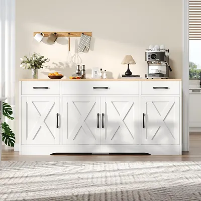 Zdjęcie produktu dla Biała komoda z 3 szufladami i 4 drzwiczkami, o wymiarach 160x37x75 cm, wykonana z MDF z okleiną drewnopodobną, nowoczesna komoda do salonu