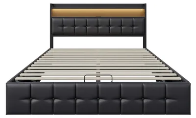Produktbild von Polsterbett 140x200 cm - Doppelbett mit Stauraum - LED Beleuchtung - USB Ladeanschluss - Lattenrost inklusive - Kunstleder - bis 250 kg - Schwarz