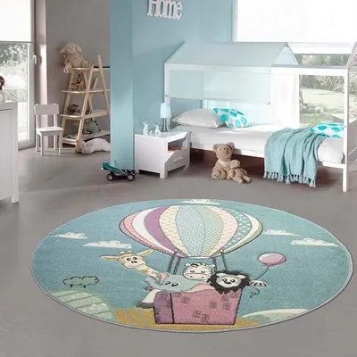 Imagen del producto de Alfombra infantil, alfombra de juego, alfombra con diseño de globos aerostáticos y animales en tonos pastel, de color azul, con un diámetro de 160 cm