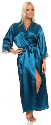 Produktbild von Damen langes Kimono Seidenrobe Morgenmantel; Petrol M