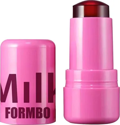 Pink Milk Makeup Lippen- und Wangenstift mit abgenommenem Deckel, der ein dunkelrotes Produkt zeigt