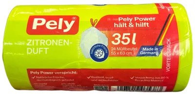 Produktbild von Pely Zugband-Müllbeutel mit Zitronenduft 35 Liter 24 Stück – Duft-Müllbeutel mit praktischem Zugband