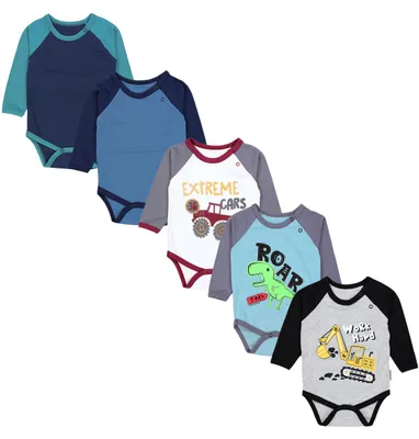 Productafbeelding van TupTam babyromper met lange mouwen, effen kleur, 5-pack, kleur: graafmachine, monster, tuck, dino, grijs, blauw, groen, maat: 92