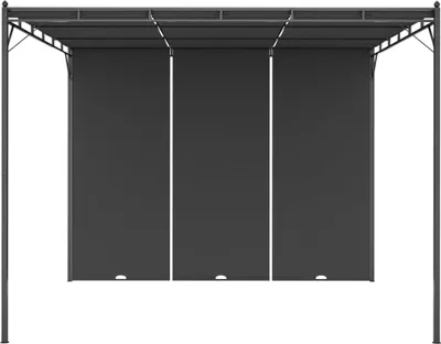 A dark gray garden gazebo with three side curtains, presented against a white background.