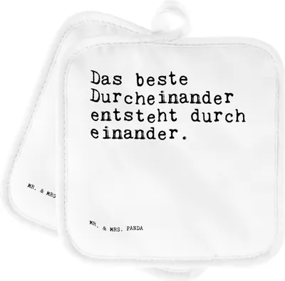Produktbild von Mr. & Mrs. Panda Topflappen Das beste Durcheinander entsteht... - Weiß - Geschenk, Kochlappen, Freund, Topflappenset, Sprüche, Set, Topfuntersetzer, Ehe, Freundin