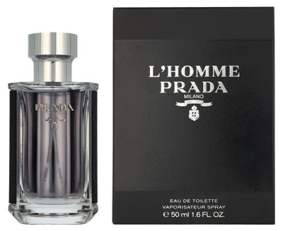 Produktbild von Prada L'Homme, Männer, 50 ml, Nicht nachfüllbare Flasche, Spray, ALCOHOL DENAT., AQUA (WATER), PARFUM (FRAGRANCE), ETHYLHEXYL METHOXYCINNAMATE, LINALOOL, LIMONENE,...