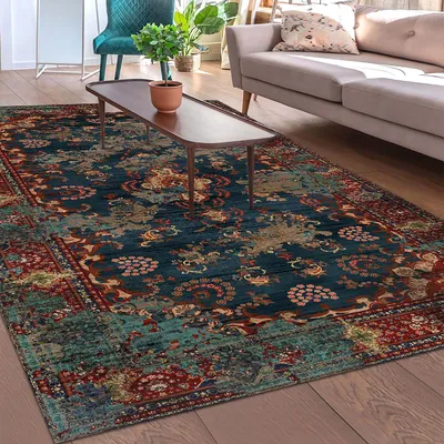 Produktbild von Kinevart Bedruckter Teppich Chenille-Druck Maschinell Hergestellt 120x180 cm, Waschbarer Teppich Wohnzimmer, Vintage Teppich Schlafzimmer
