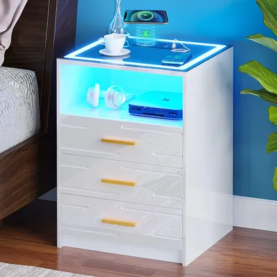 LED-Nachtkästchen mit drahtlosem Laden, 3 Schubladen, Touchscreen, 40x45x62 cm