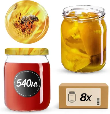 Zdjęcie produktu dla Słoiki do przetworów KADAX z pokrywką "Senna", słoiki do dżemu, słoiki do przetworów, 540 ml, pszczółka, 8 sztuk