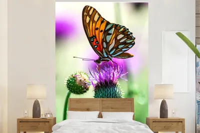 Produktbild von MuchoWow® Fototapete für Wohnzimmer oder Schlafzimmer Wandtapete Vinyl Motivtapete Schmetterling - Blumen - Insekten - 200x300 cm - Wanddekorationen