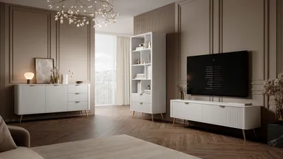 Produktbild von Wohnzimmer Möbelset Lante Weiß – 3-teilig, geriffelte Fronten, Kommode + Regal + TV-Lowboard, modern & elegant