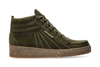 A single green Mephisto Rainbow Mid boot is shown against a white background.