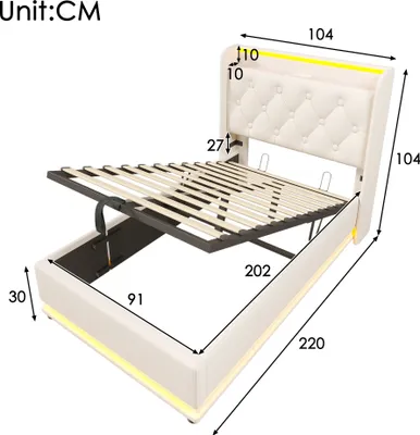 A diagram of a bed with dimensions indicated by numbers and arrows.