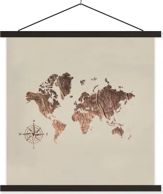 Produktbild von MuchoWow® Textilposter Weltkarte - Holz - Kompass 120x120 cm mit schwarzem Rahmen - Aufhängungsset