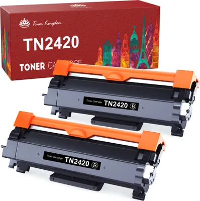 A box of toner cartridges with two cartridges in front of it.