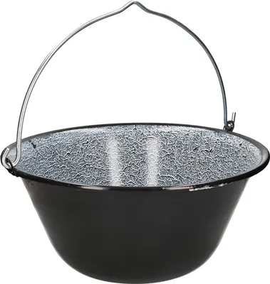 A black enamel cauldron with a silver wire handle, isolated on a white background.
