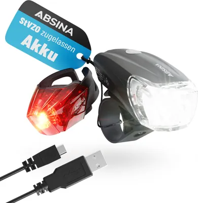 Produktbild von ABSINA LED Fahrradlicht Set USB aufladbar - 100m Reichweite, 180 Lumen & 50 Lux - Fahrradbeleuchtung Set StVZO zugelassen