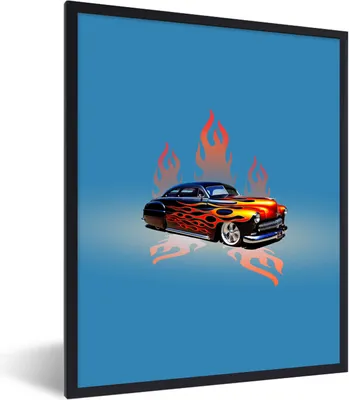Produktbild von MuchoWow® Gerahmtes Poster Auto - Flammen - Feuer - Blau - Vintage 60x80 cm - Poster mit Schwarzem Bilderrahmen Wandposter Rahmen Foto Bilder - Premium - Wanddeko Wohnzimmer