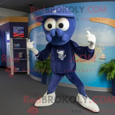 Produktbild von Navy REDBROKOLY Squid Maskottchen Kostüm Figur bekleidet mit einer Caprihose und Beanies