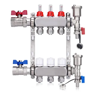 Produktbild von 3 Heizkreise | Heizkreisverteiler mit Eurokonus 3/4 (20 x 2 mm) | 1" Kugelhähne Manueller Entlüfter Flussmesser Durchflussmesser Fußbodenheizung HKV