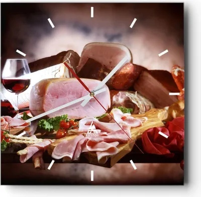 Produktbild von Wanduhr - Quadrat - Glasuhr - Essen Essen Wurst Kräuter - 30x30cm - Schleichendes Uhrwerk - Lautlos - zum Aufhängen bereit - Dekoration Modern - Wanddekoration aus Glas - C3AC30x30-2568