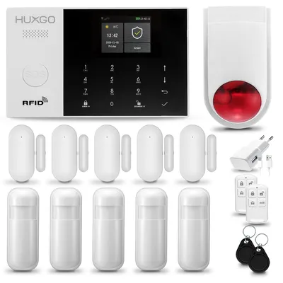 Produktbild von HUXGO HXA005 Alarmanlage Haus WiFi + GSM 4G mit Funksirene Alarm System mit 5x Bewegungssensor und 5x Fenstersensor, Alarmanlage für Wohnung, Garage