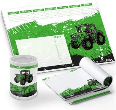 Produktbild von itenga Schreibtisch-Set Traktor 3-teilig Schreibtischunterlage Stifteköcher Notizblock
