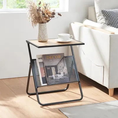 Produktbild von Beistelltisch mit Zeitungsablage ‘Jäller’ Metall 48 x 40 x 30 cm Schwarz / Eicheoptik
