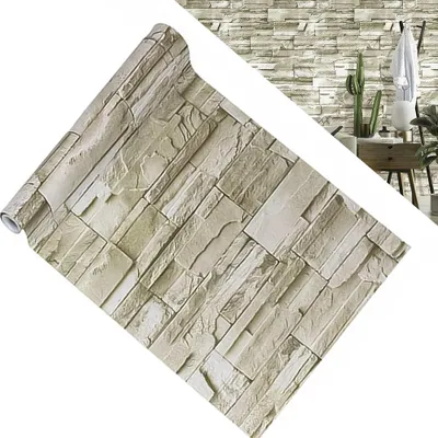 Productafbeelding van Zelfklevende steentapijt met 3D-steenmotief, 45x300 cm, PVC. Zelfklevend, met een steenlook en 3D-effect, waterdicht, geschikt voor badkamer en keuken. Eenvoudig aan te brengen.