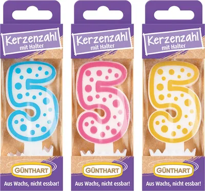 Obrázek produktu pro Vosková svíčka Günthart č. 5 narozeninová svíčka 1 kus různé barvy