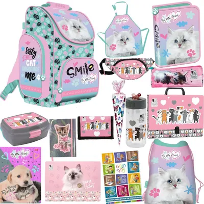 Produktbild von Katze Cat Pastel Schulranzen ergonomischer Ranzen Federmappe Turnbeutel Brotdose Trinkflasche Stiftetasche Aufgabenheft  Grundschule 13er Set XXL