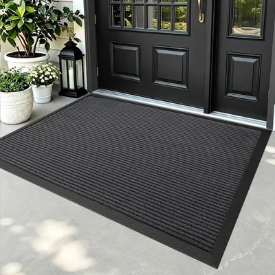 Productafbeelding van Buitenmat, antislip, vuilafschermend, wasbaar, weerbestendig, 90 x 150 cm, gestreept, grijs